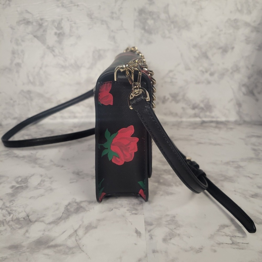 Kate Spade New York Rose Print Saffiano Leather Crossbody Bag Black Red Floral - Picture 6 of 13